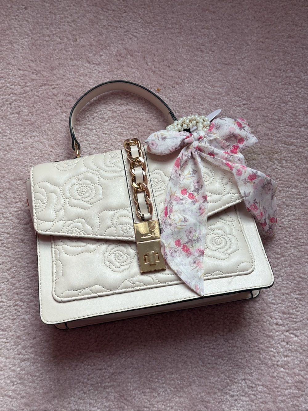 Aldo Cream Quilted Top-Handle Shoulder Bag with Floral Scarf